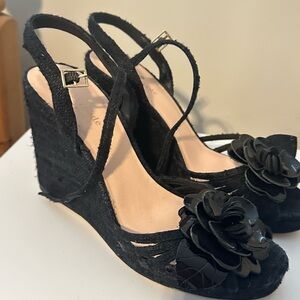 kate spade Black Floral Applique Wedge Slingbacks